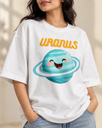 Close-up of the Uranus Stellar Squad print on a white oversized French terry T-shirt, Fourth Dimension Club