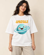Uranus Stellar Squad oversized French terry T-shirt in white by Fourth Dimension Club, front view on model