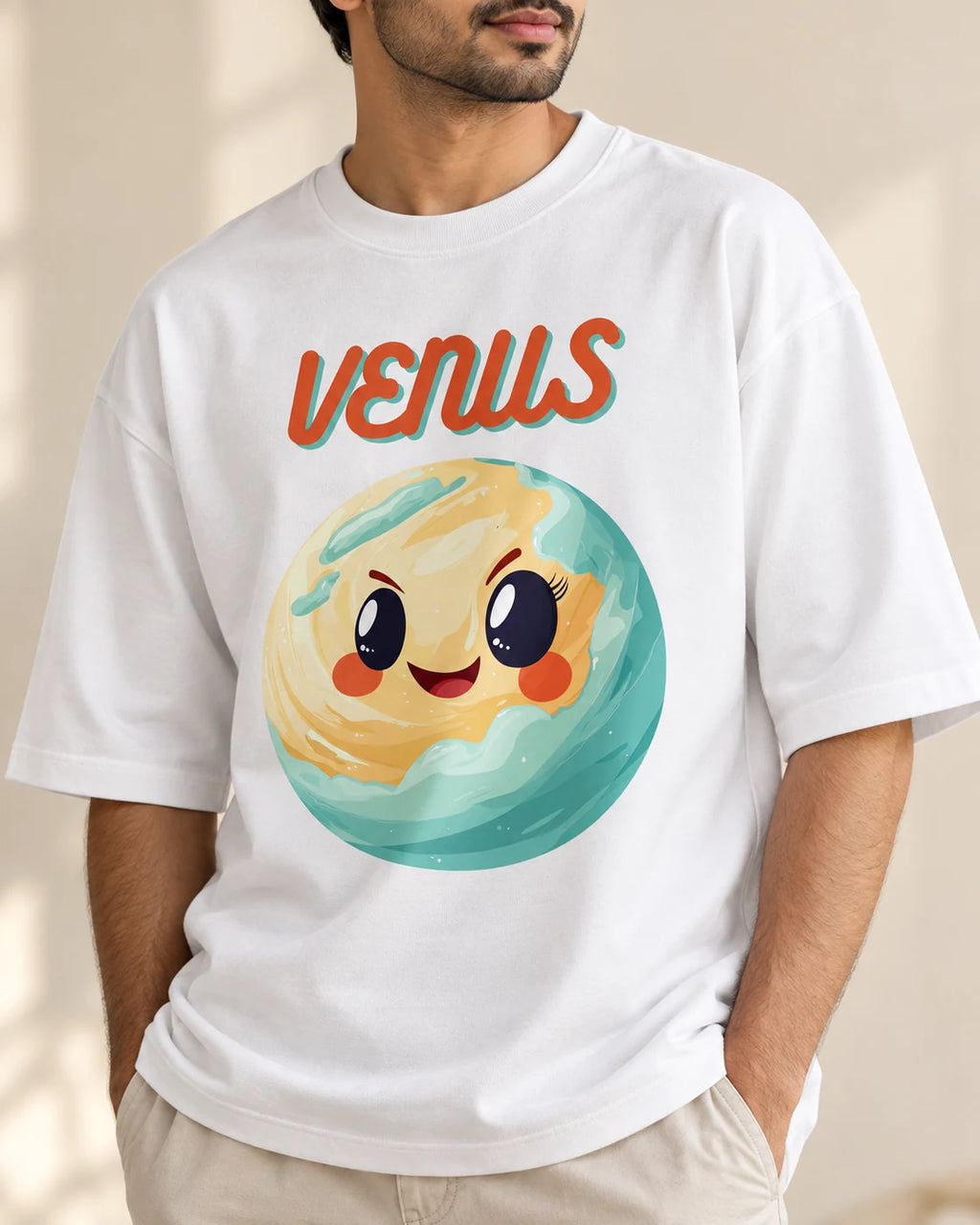 Close-up of the Venus Stellar Squad print on a white oversized French terry T-shirt, Fourth Dimension Club
