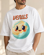 Close-up of the Venus Stellar Squad print on a white oversized French terry T-shirt, Fourth Dimension Club