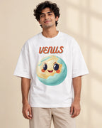 Venus Stellar Squad oversized French terry T-shirt in white by Fourth Dimension Club, front view on model