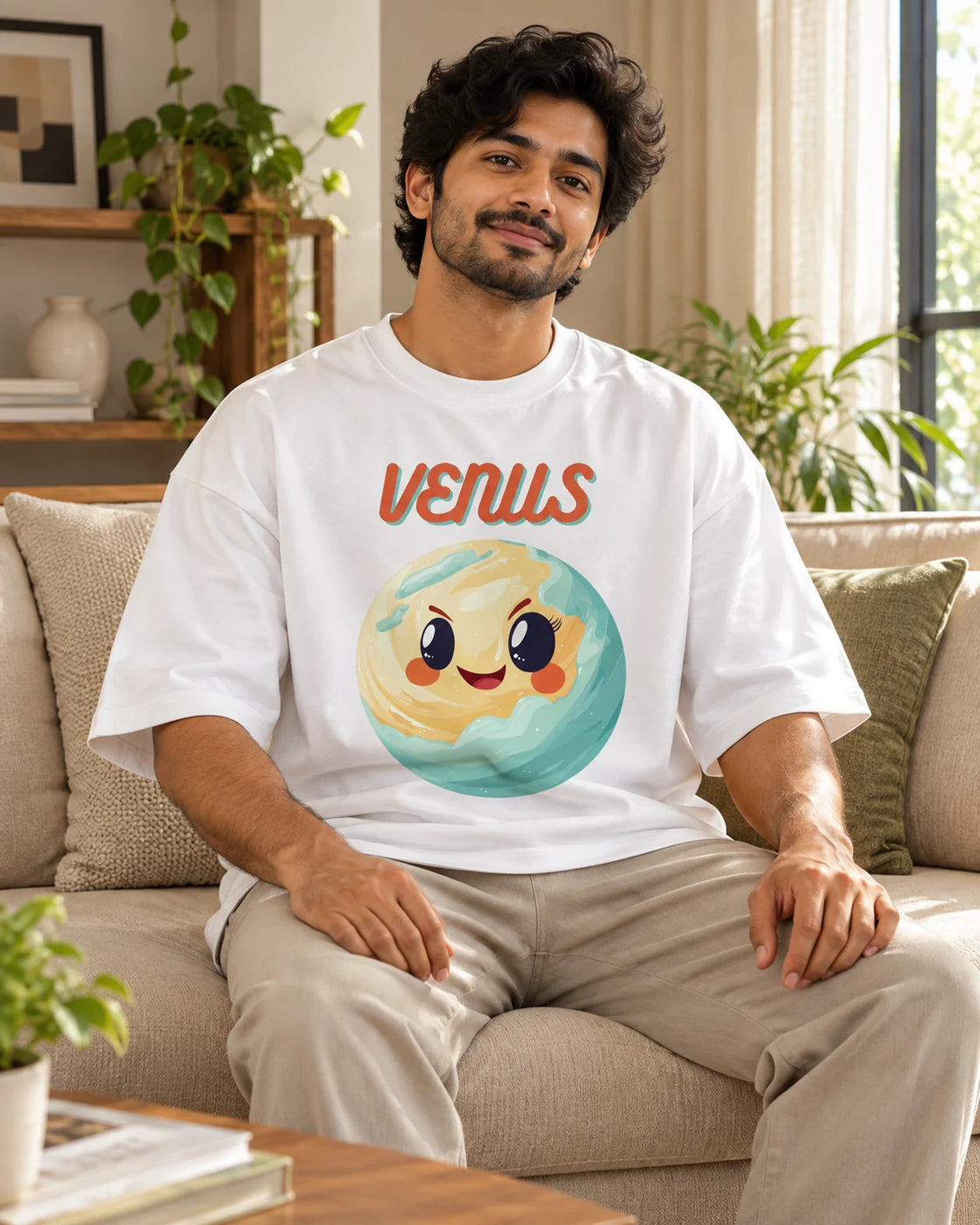 Model wearing the Venus Stellar Squad oversized French terry T-shirt in white by Fourth Dimension Club, seated on a sofa
