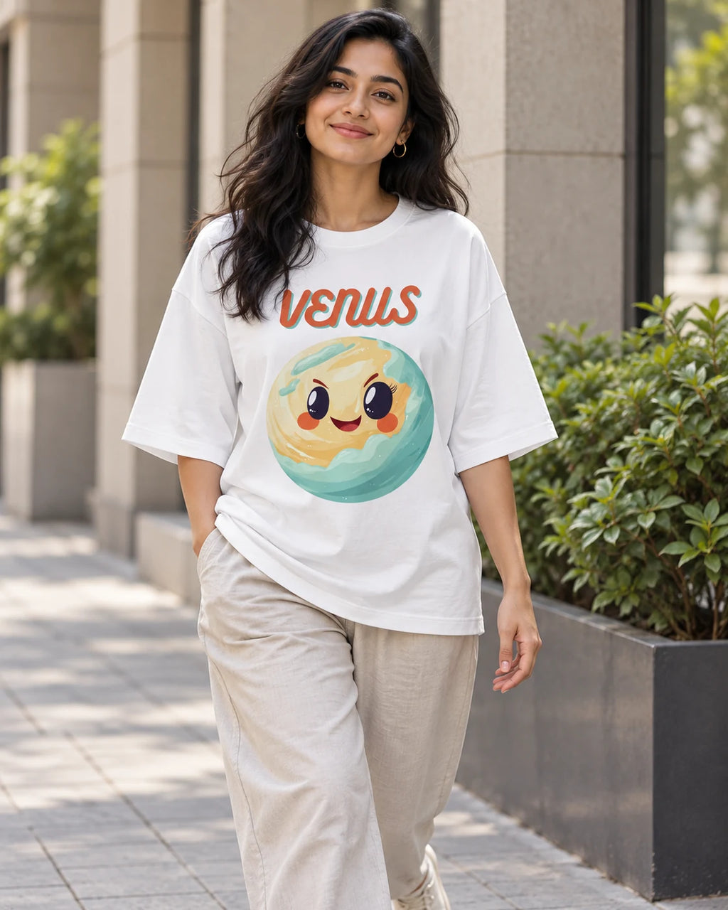 Model wearing the Venus Stellar Squad oversized French terry T-shirt in white by Fourth Dimension Club on a city street
