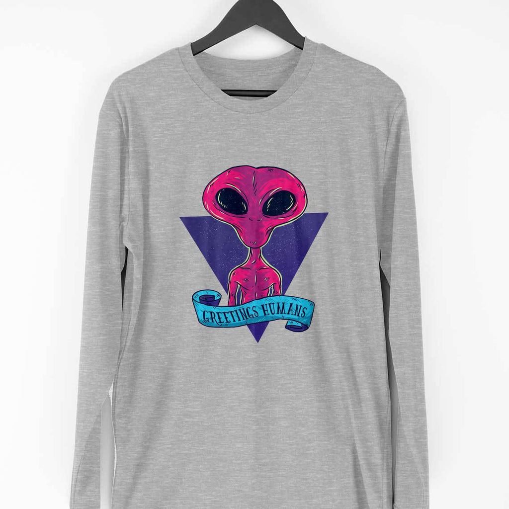 Greetings Humans Full Sleeve T-shirt — Melange Grey