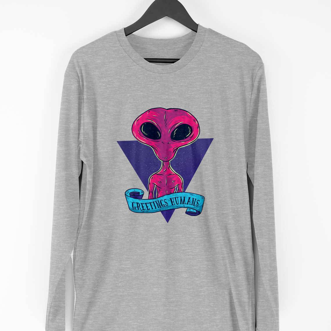 Greetings Humans Full Sleeve T-shirt — Melange Grey