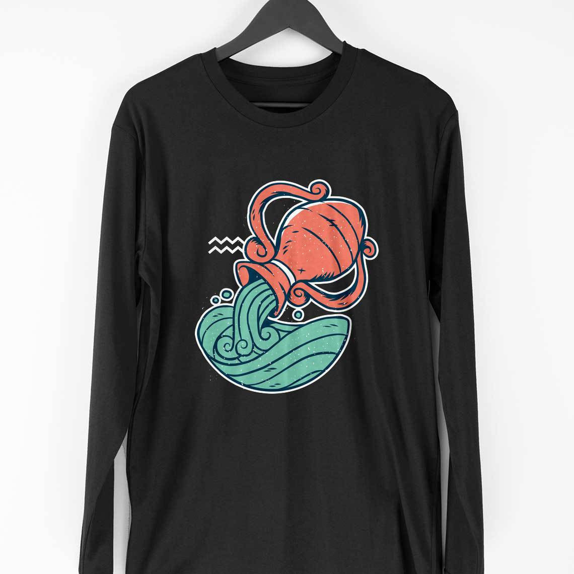 Aquarius Zodiac Full Sleeve T-Shirt — Black