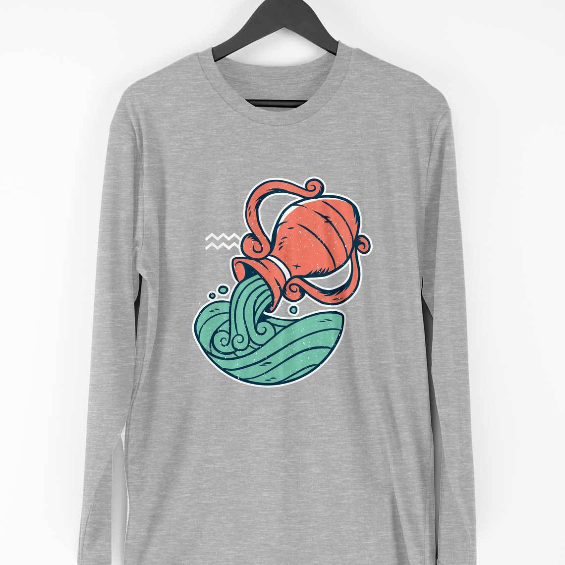 Aquarius Zodiac Full Sleeve T-Shirt — Melange Grey