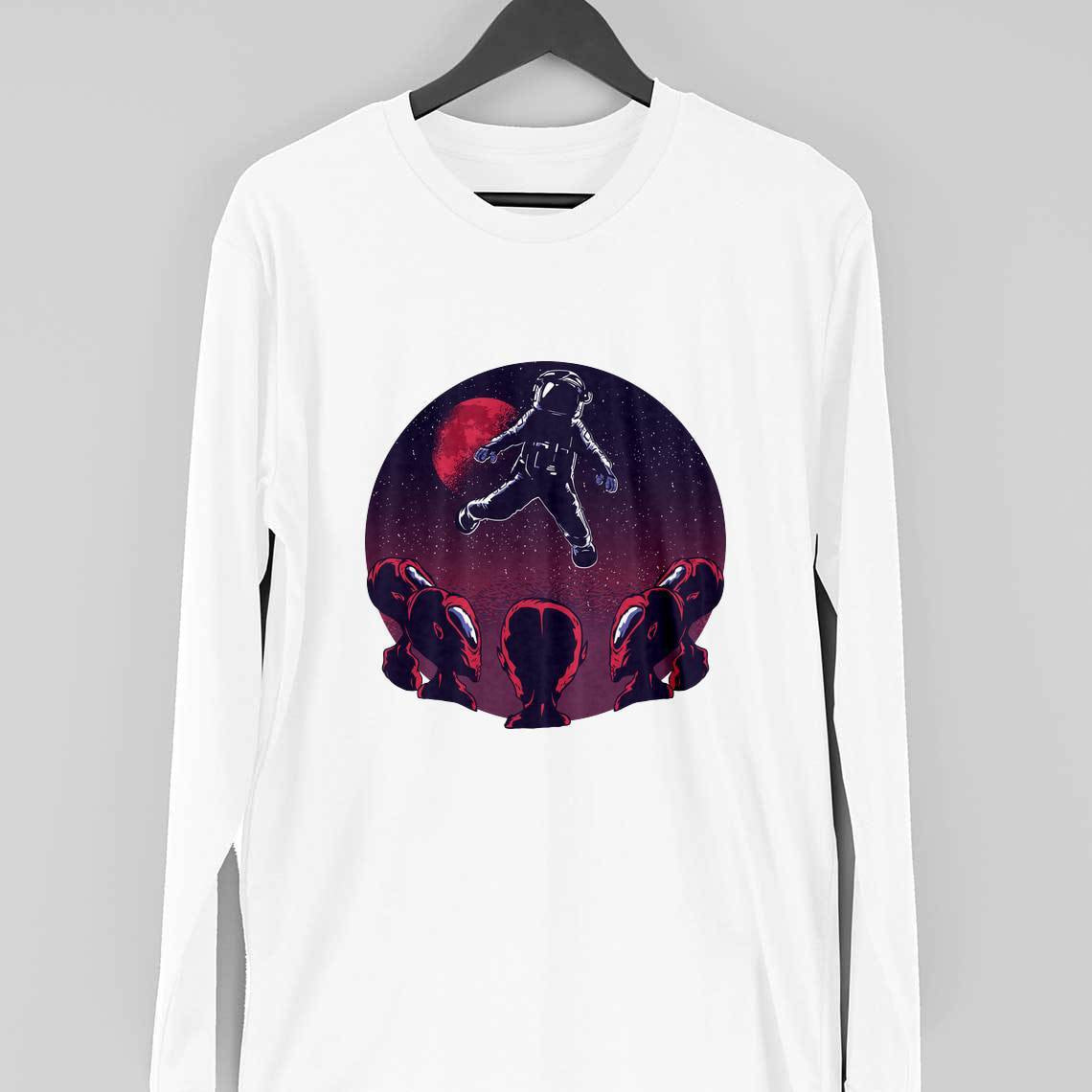 Astronaut & Aliens Full Sleeve T-Shirt — White