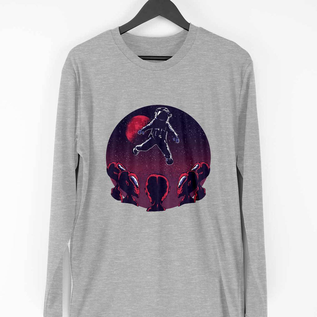 Astronaut & Aliens Full Sleeve T-Shirt — Melange Grey