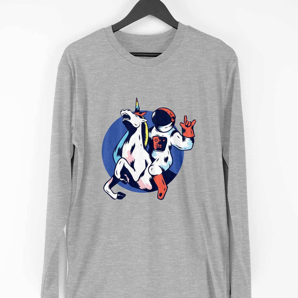 Astronaut Unicorn Full Sleeve T-Shirt — Melange Grey
