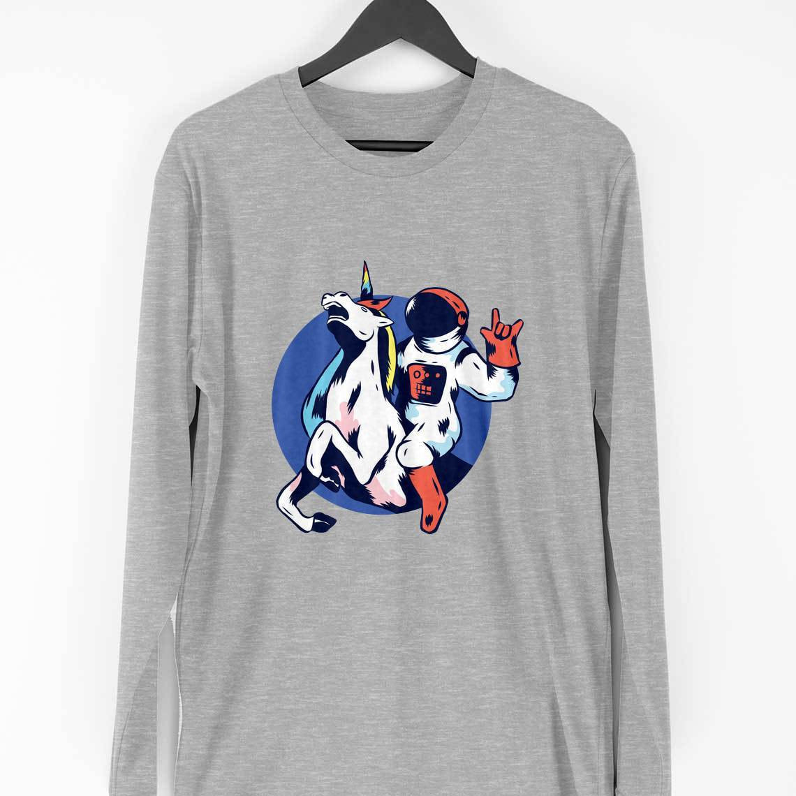 Astronaut Unicorn Full Sleeve T-Shirt — Melange Grey