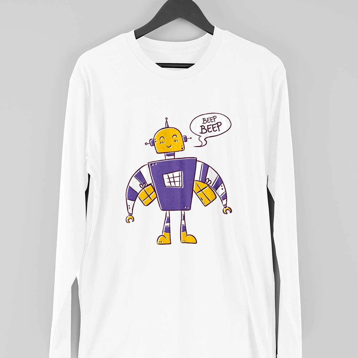 Beep Beep Robot Full Sleeve T-Shirt — White