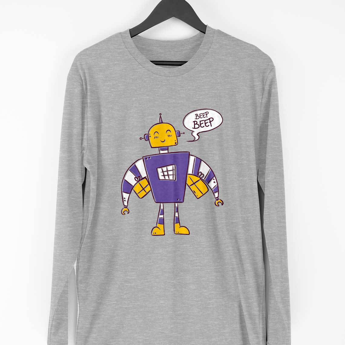 Beep Beep Robot Full Sleeve T-Shirt — Melange Grey