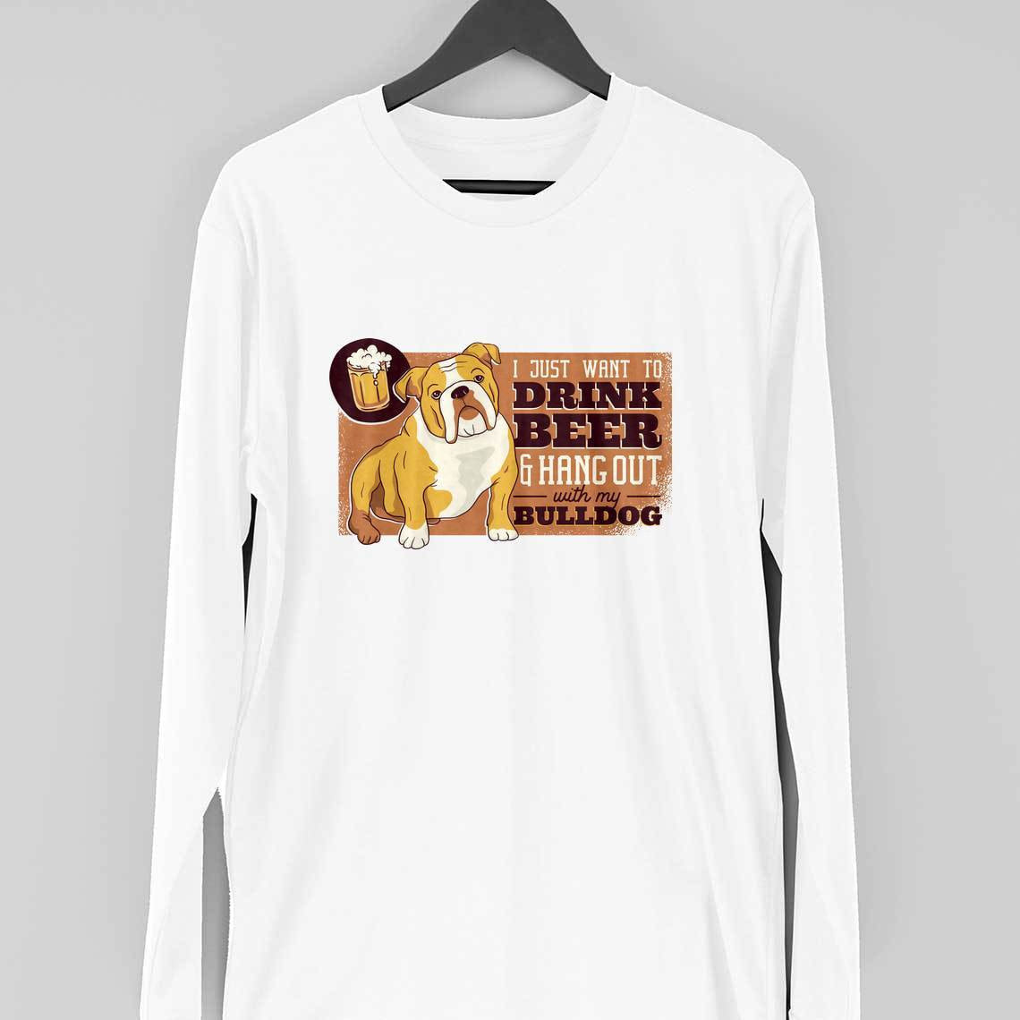 Bulldog & Beer Full Sleeve T-Shirt — White