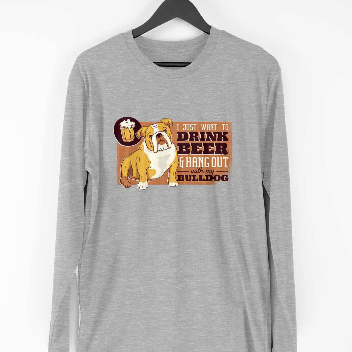 Bulldog & Beer Full Sleeve T-Shirt — Melange Grey