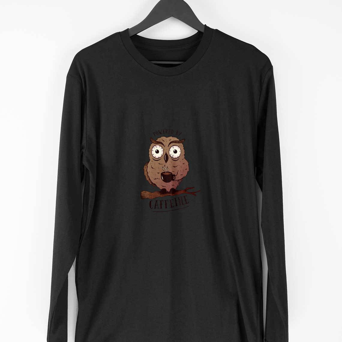 Caffeine Owl Full Sleeve T-Shirt — Black
