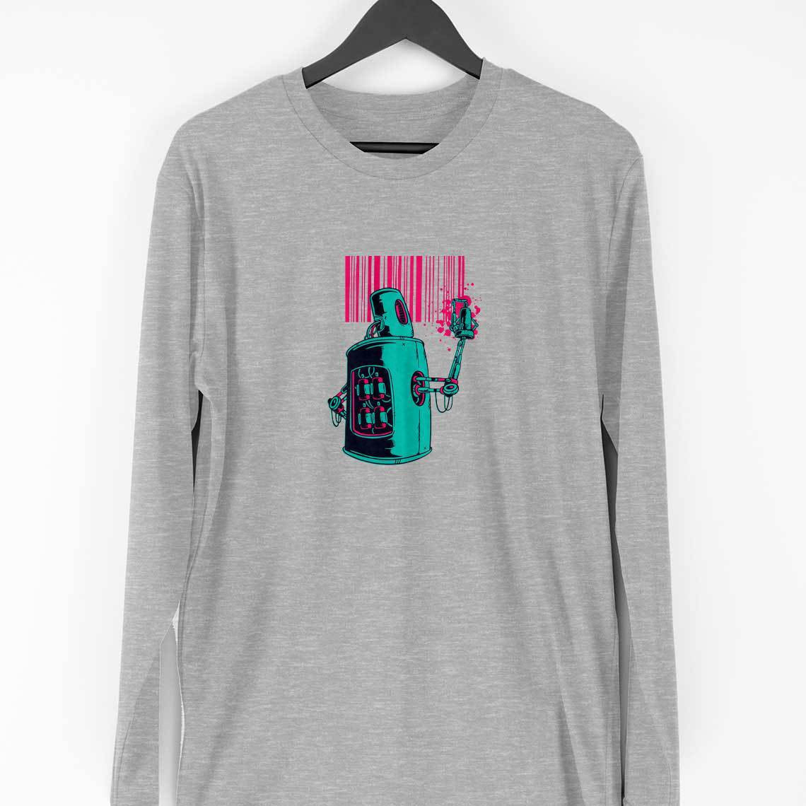 Robot Graffiti Full Sleeve T-Shirt — Melange Grey