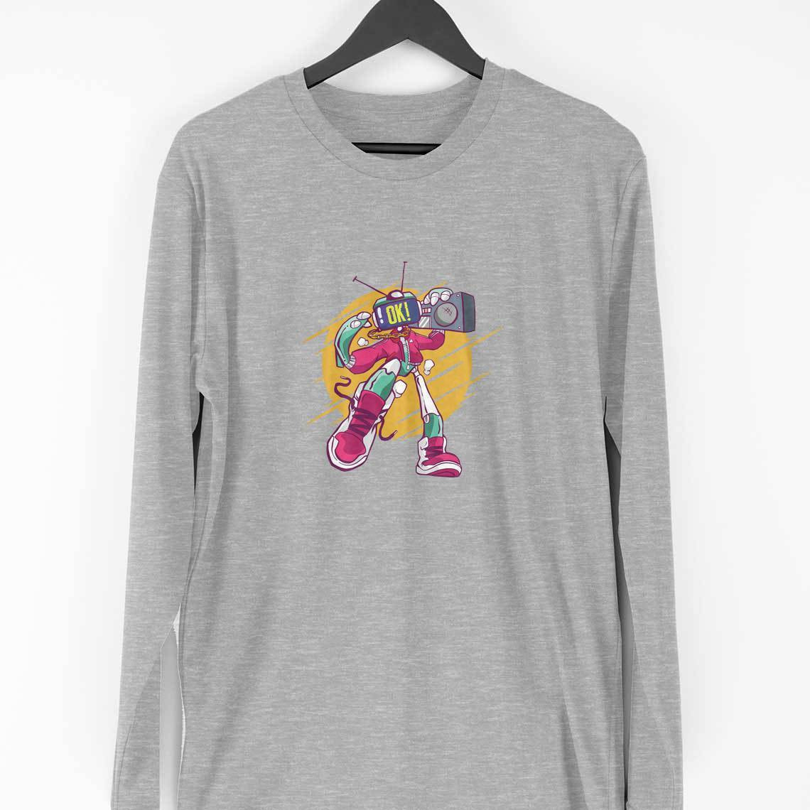 Robot Boombox Full-Sleeve T-Shirt — Melange Grey