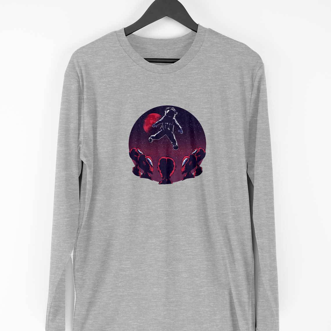Astronaut Alien Full Sleeve T-Shirt — Melange Grey