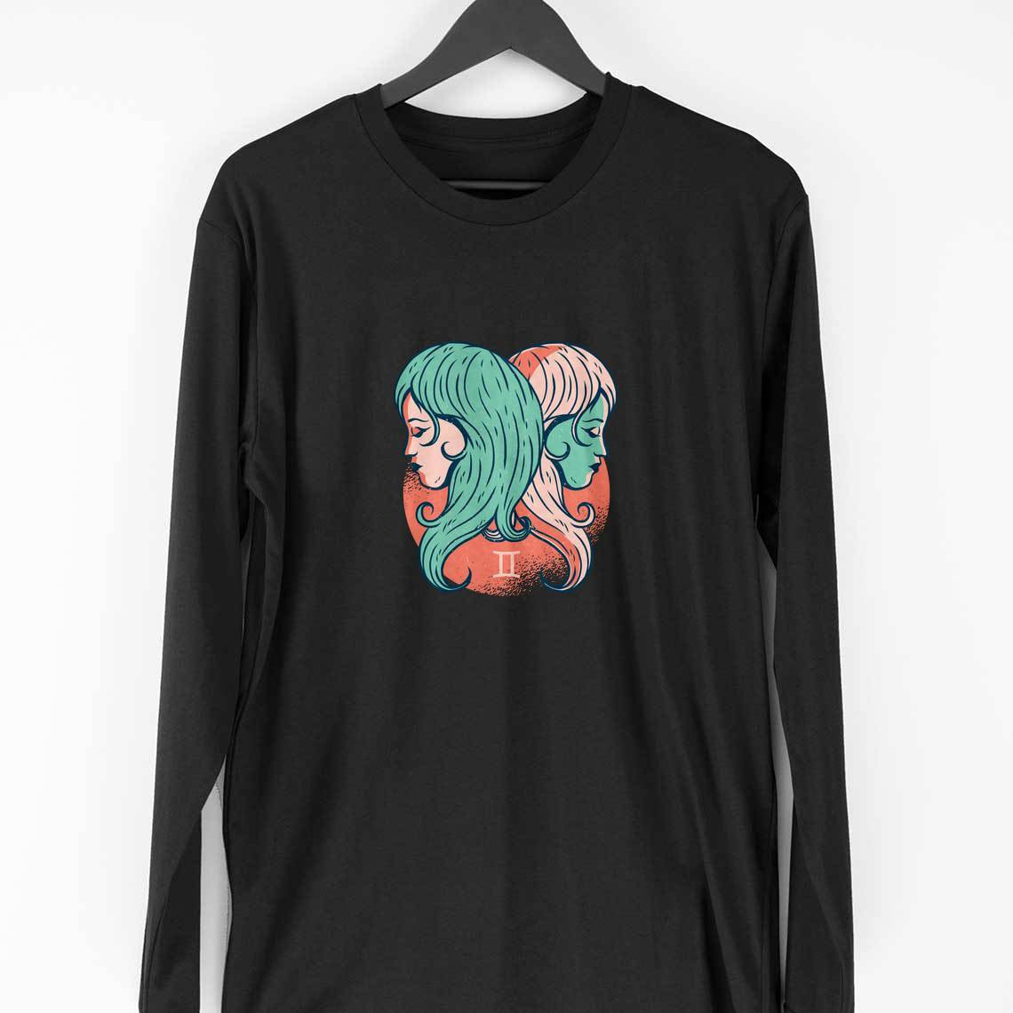Gemini Zodiac Full Sleeve T-Shirt — Black