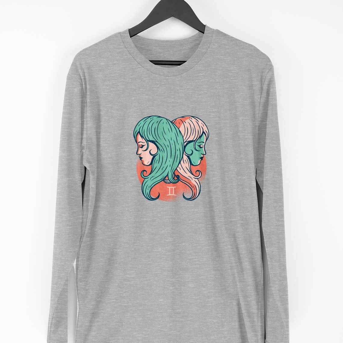 Gemini Zodiac Full Sleeve T-Shirt — Melange Grey