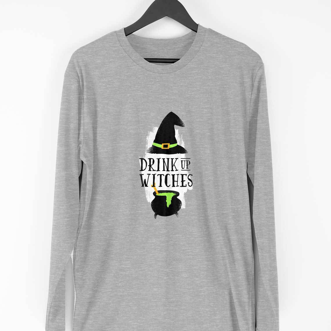 Drink Up Witches Full Sleeve T-Shirt — Melange Grey