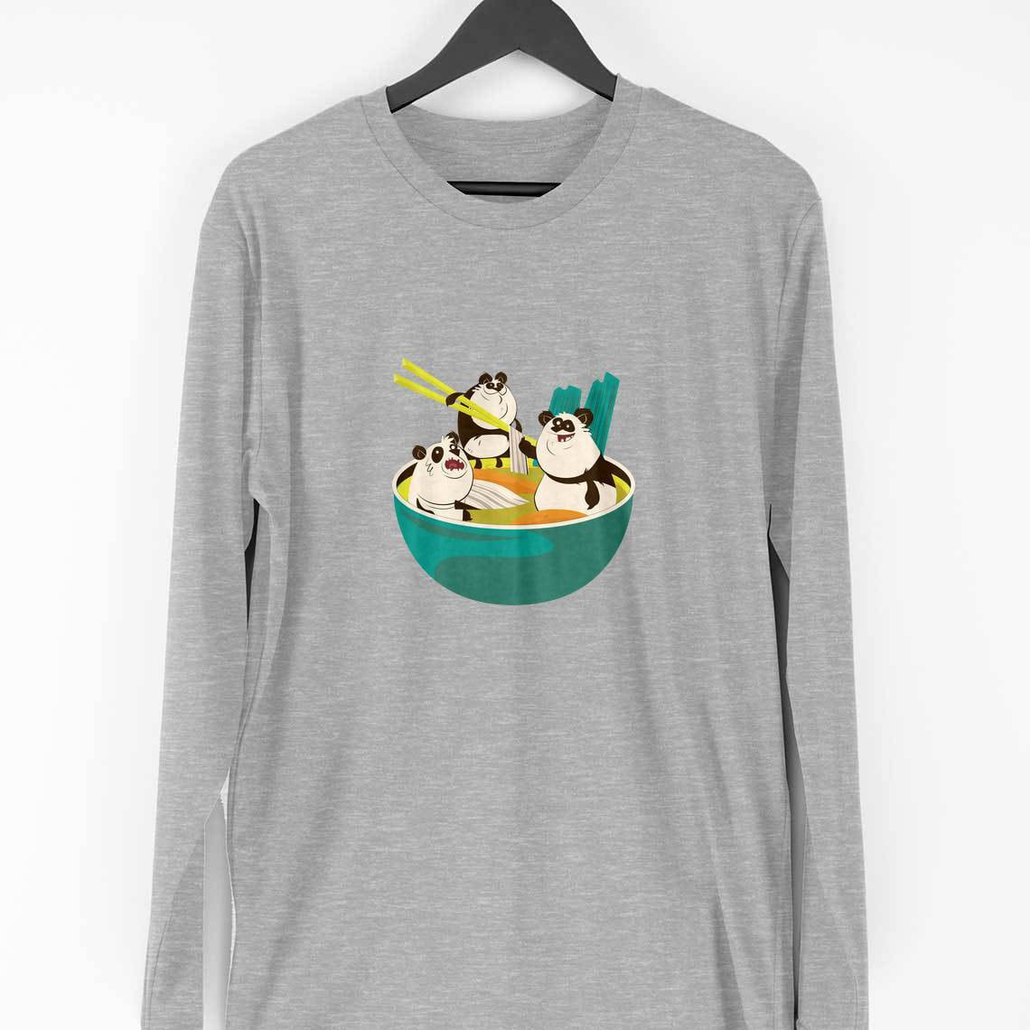 Panda Noodle Full Sleeve T-Shirt — Melange Grey