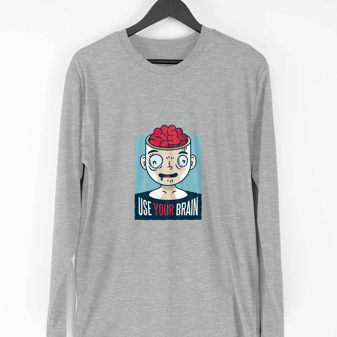 Use Your Brain Full Sleeve T-Shirt — Melange Grey