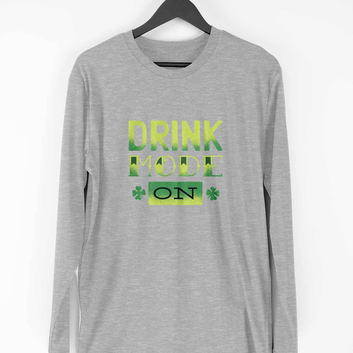 Drink Mode On Full-Sleeve T-Shirt — Melange Grey