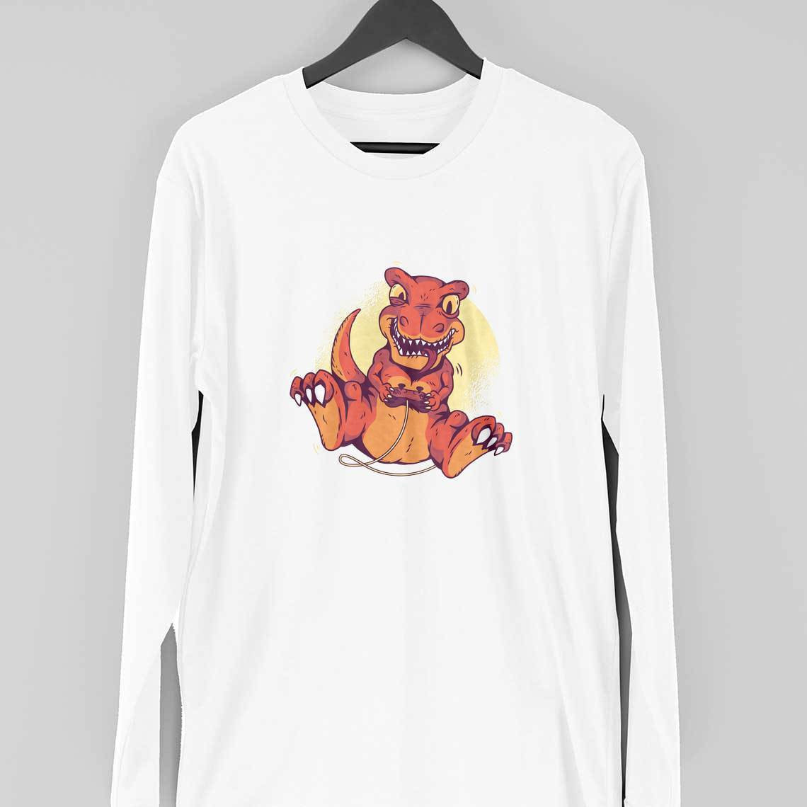 Gaming Dino Full Sleeve T-Shirt — White