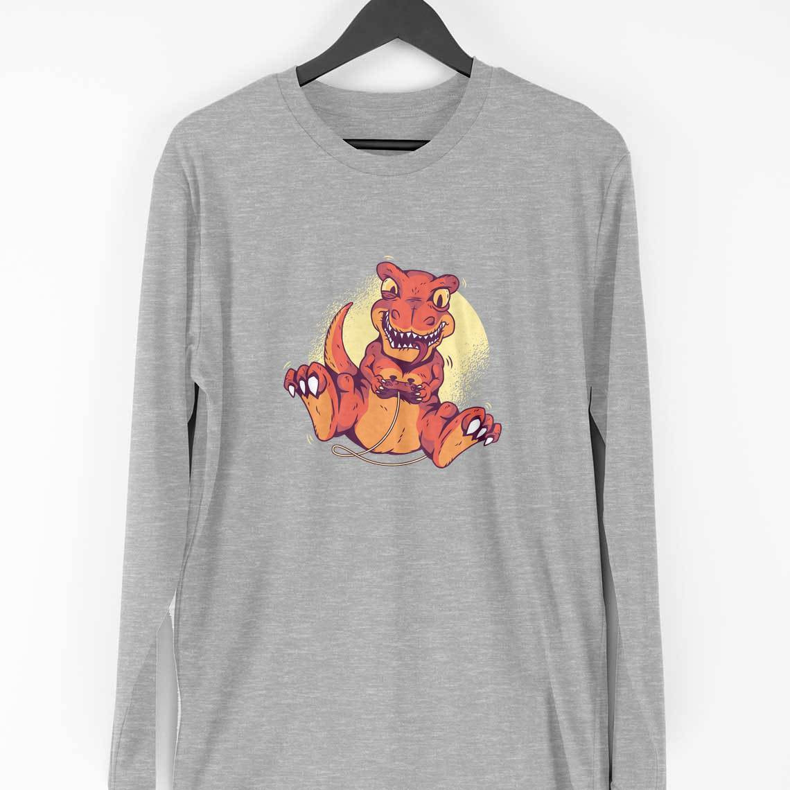 Gaming Dino Full Sleeve T-Shirt — Melange Grey