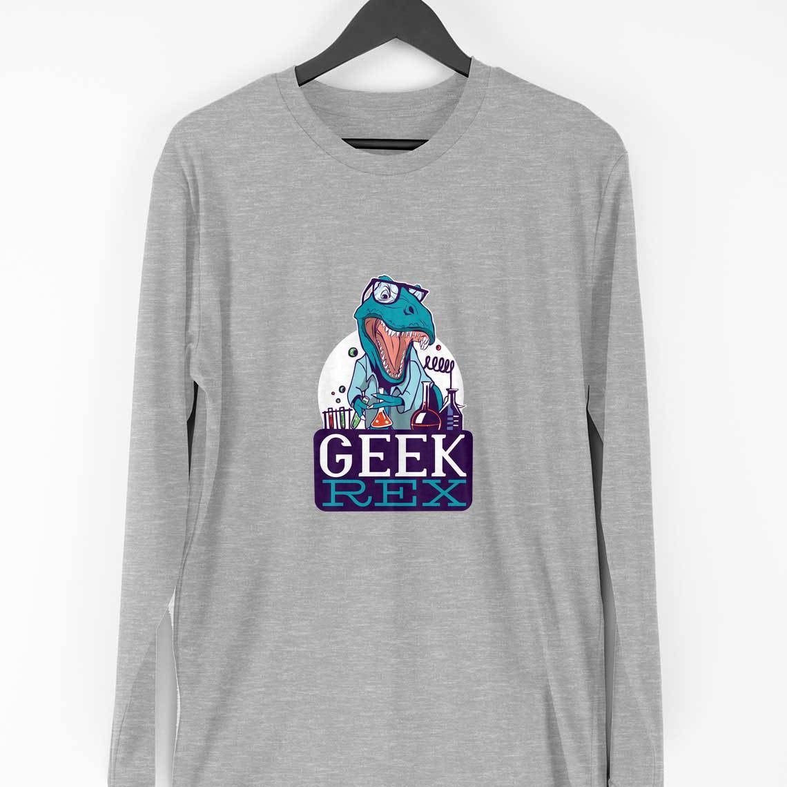 Geek Rex Full Sleeve T-Shirt — Melange Grey