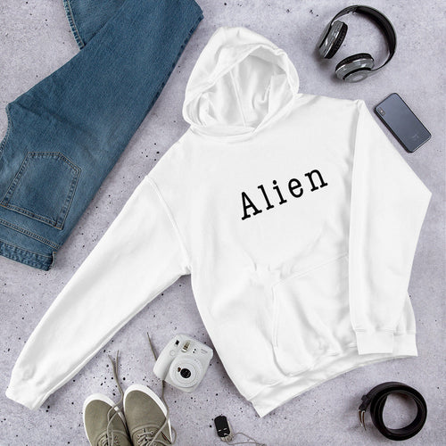 Alien Typography Unisex Hooded Sweatshirt — White