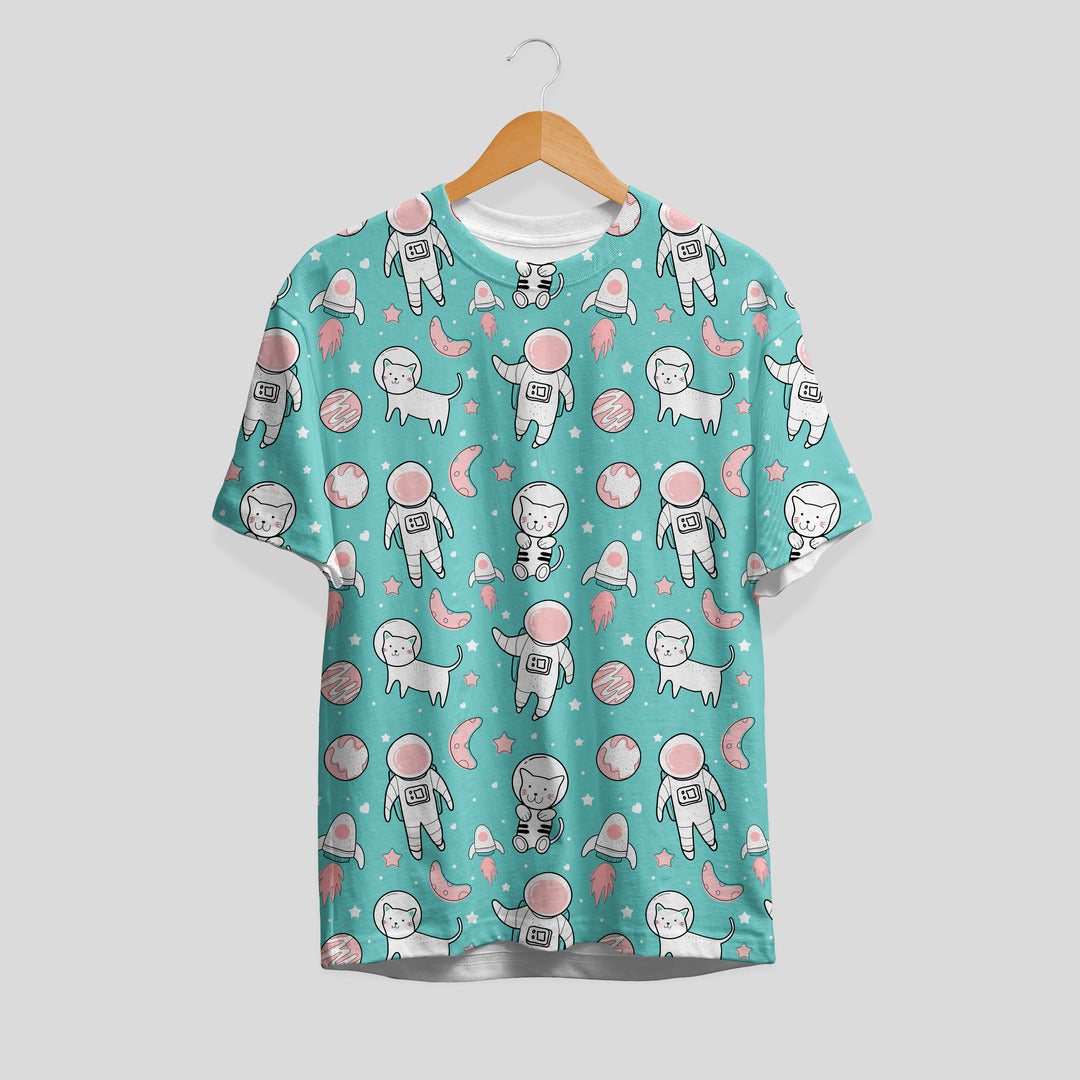 Astronaut & Cat Pattern T-Shirt