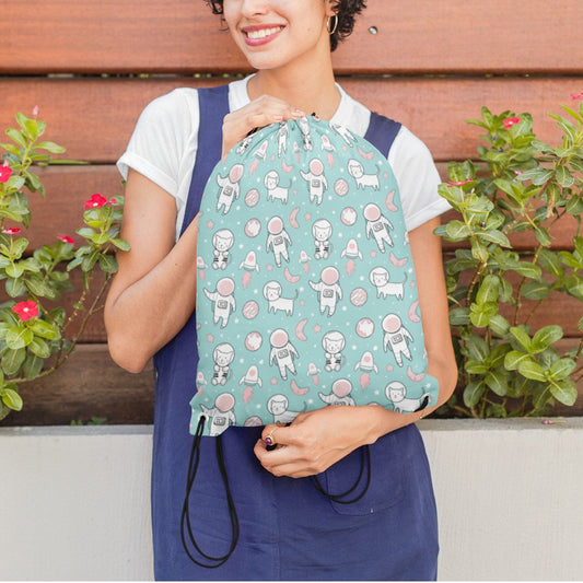 Astronaut & Cat Pattern Drawstring Bag