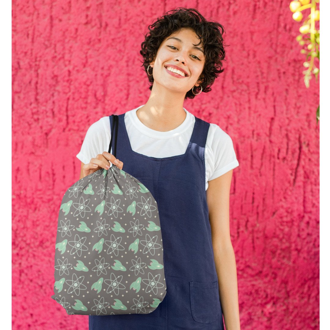 Atom, Rocket & Stars Pattern Drawstring Bag