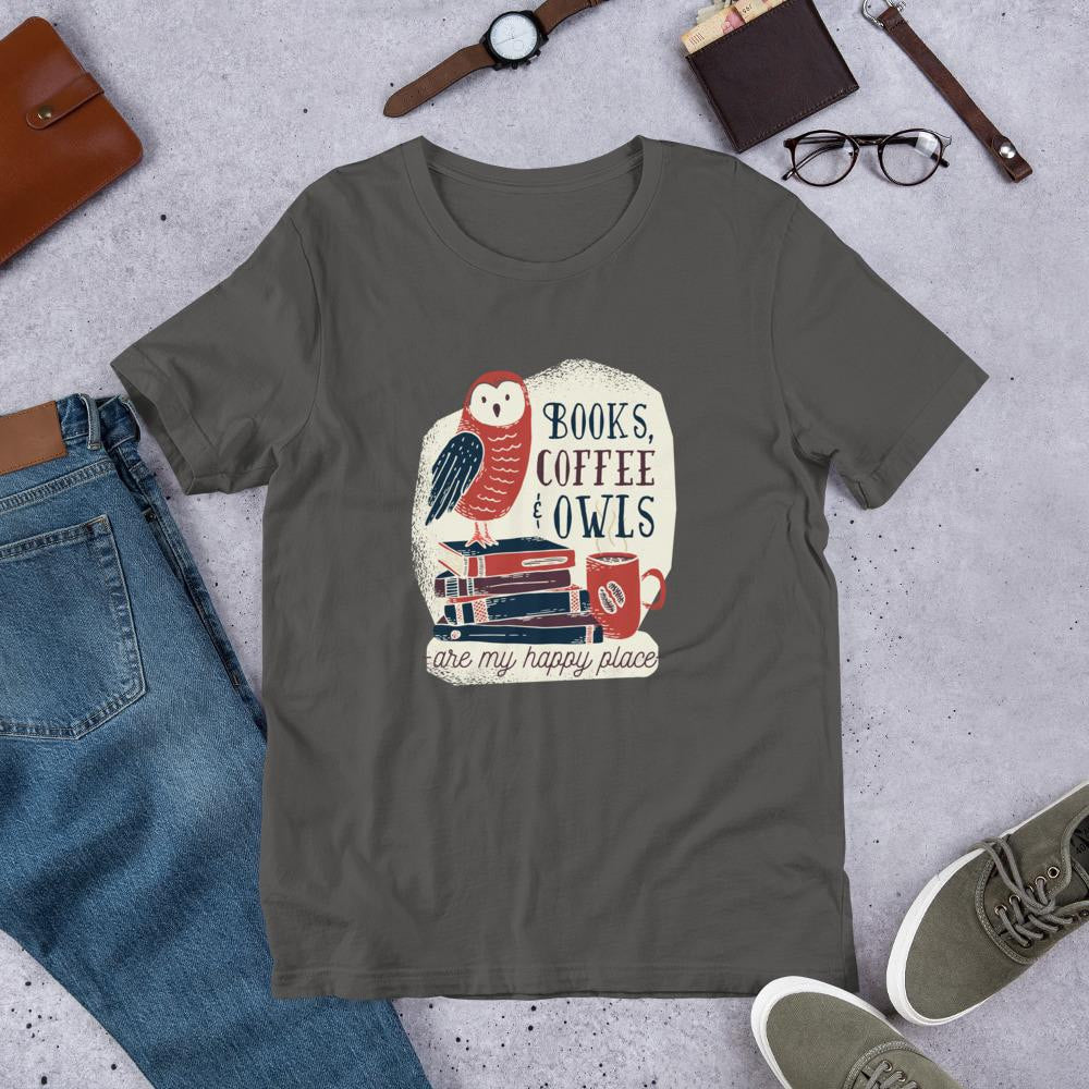 Books, Coffee & Owls Half Sleeve T-Shirt — Charcoal