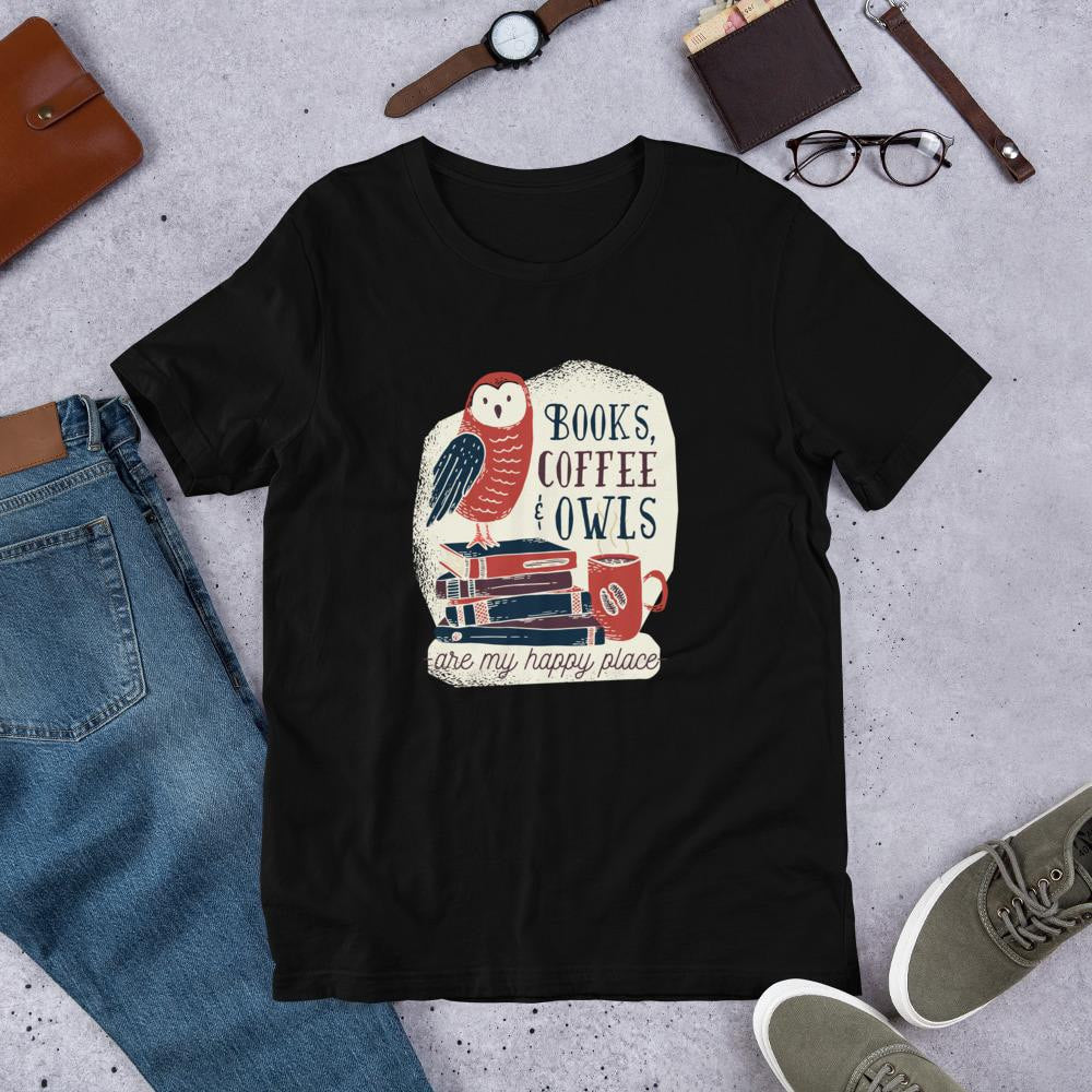 Books, Coffee & Owls Half Sleeve T-Shirt — Black