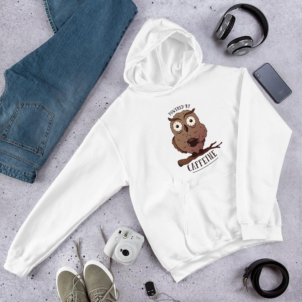 Caffeine Owl Unisex Hooded Sweatshirt — White