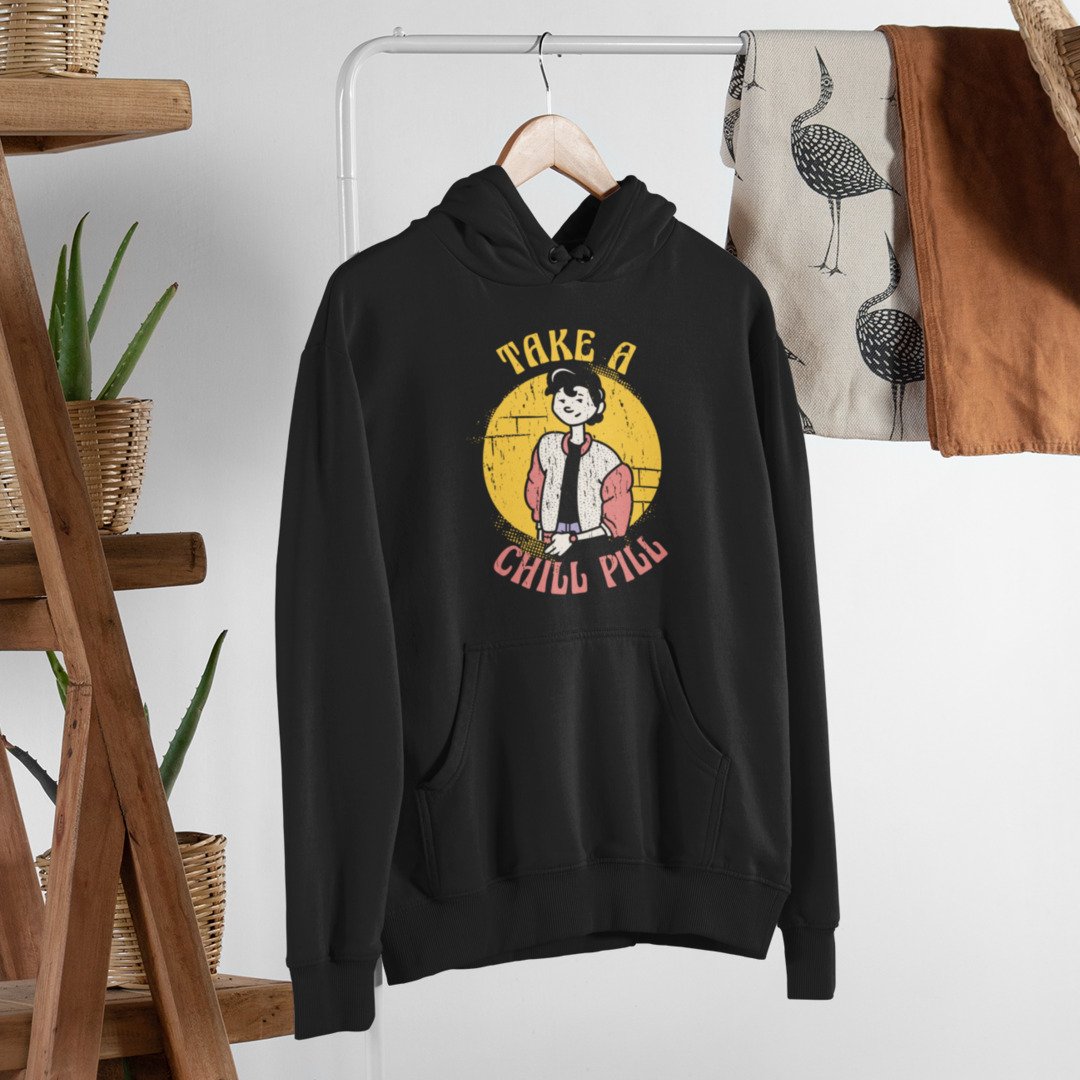 Chill Pill Retro Unisex Hooded Sweatshirt — Black