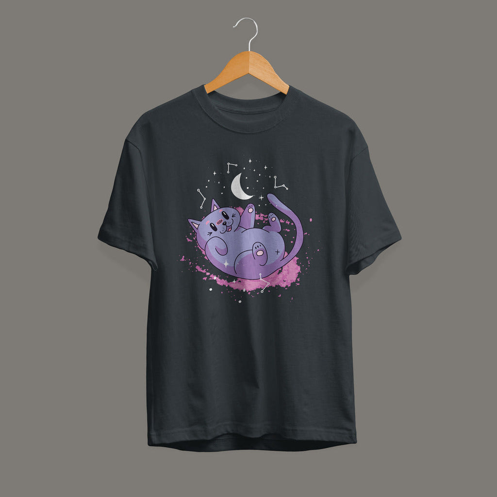 Cute Space Cat Unisex Half Sleeve T-Shirt — Steel Grey
