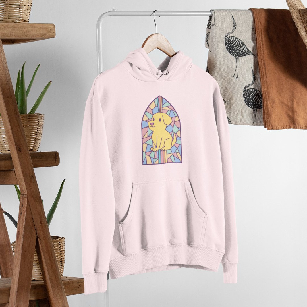Dog In Church Window Unisex Hooded Sweatshirt — Light Pink