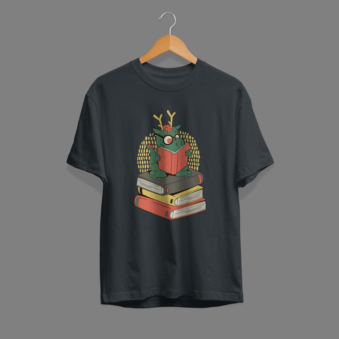 Dragon On Books Unisex Half Sleeve T-Shirt — Steel Grey