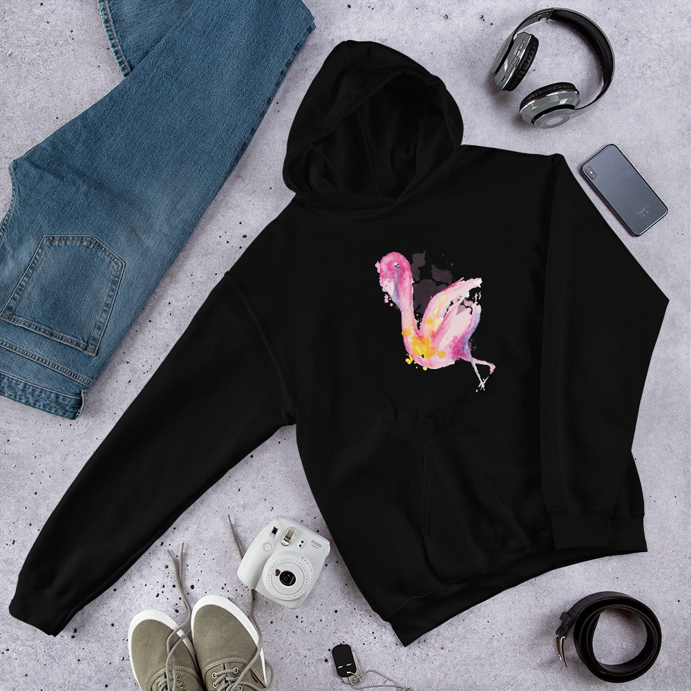 Flamingo Watercolor Unisex Hooded Sweatshirt — Black