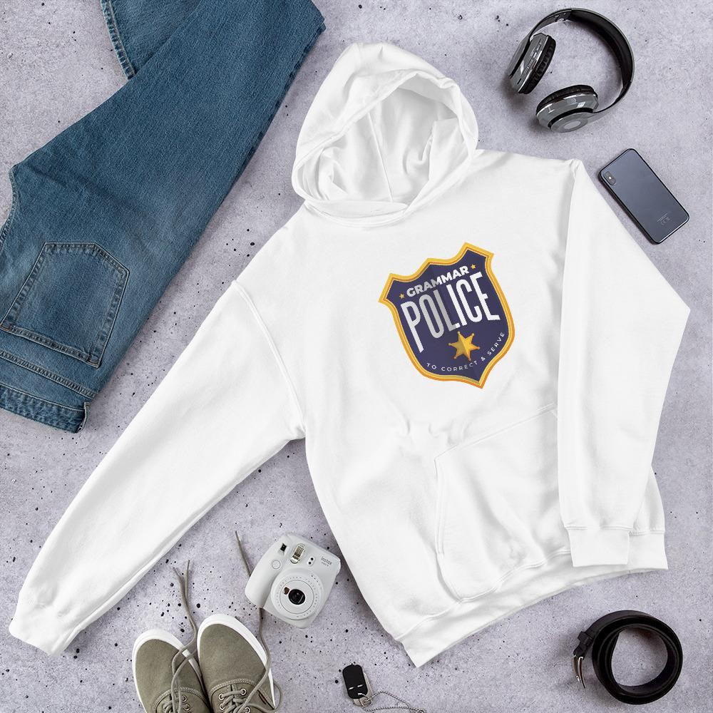 Grammar Police Unisex Hooded Sweatshirt — White