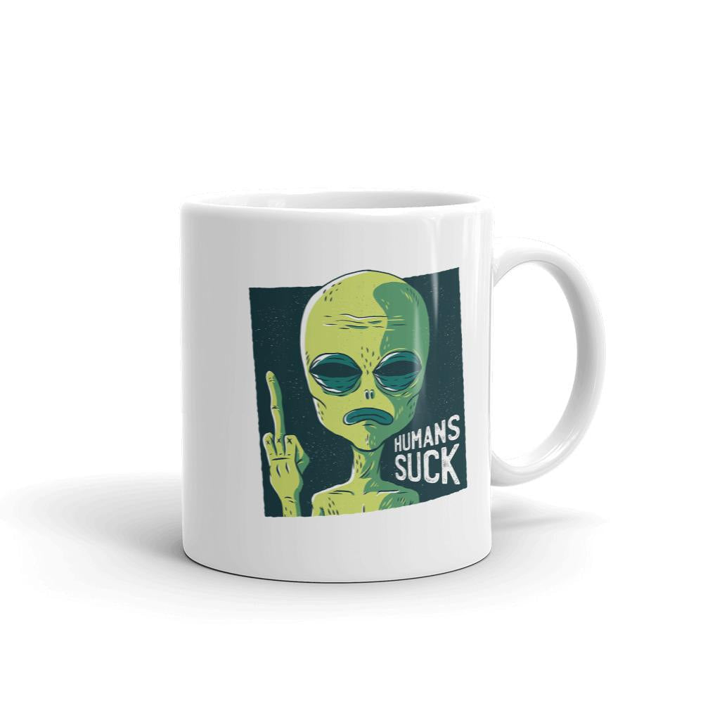 Humans Suck Alien Coffee Mug — front view