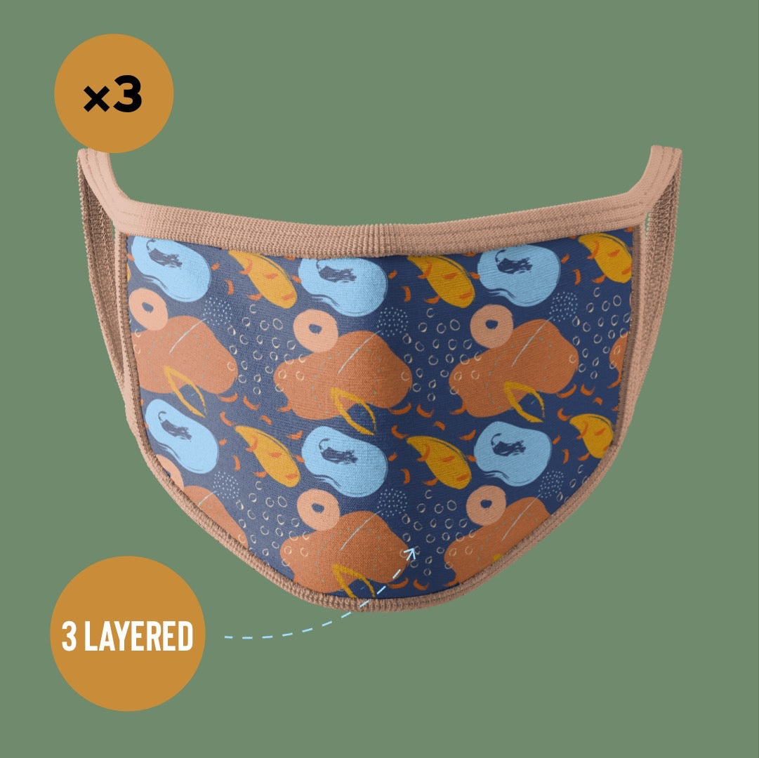 Premium Face Mask Artistic Dimensions Orange & Blue #Pack of 3