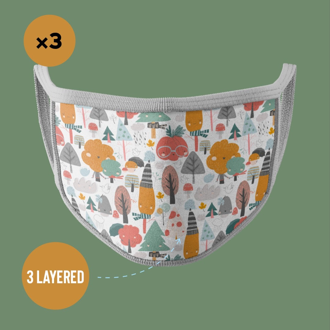 Premium Face Mask Autumn Trees Pattern Blue #Pack of 3