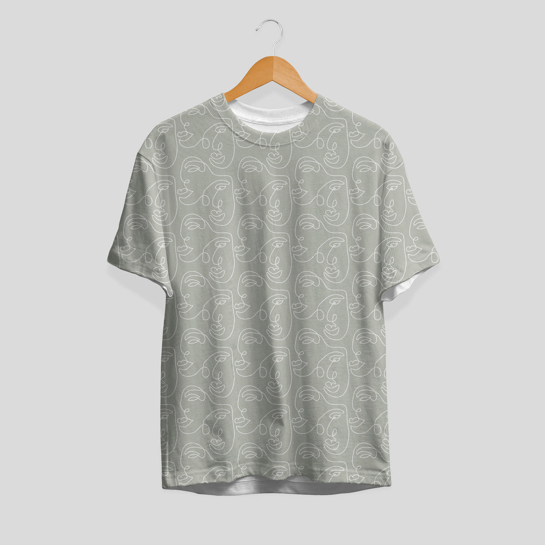 Abstract Line Art Face Pattern T-Shirt