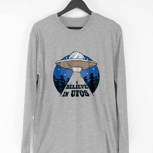 Alien Spaceship Full Sleeve T-Shirt — Melange Grey